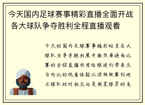 今天国内足球赛事精彩直播全面开战 各大球队争夺胜利全程直播观看